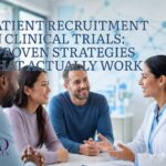 Diverse group of clinical trial participants meeting with a research coordinator