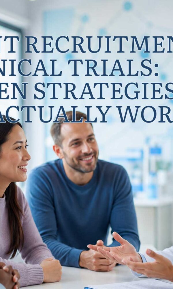 Diverse group of clinical trial participants meeting with a research coordinator