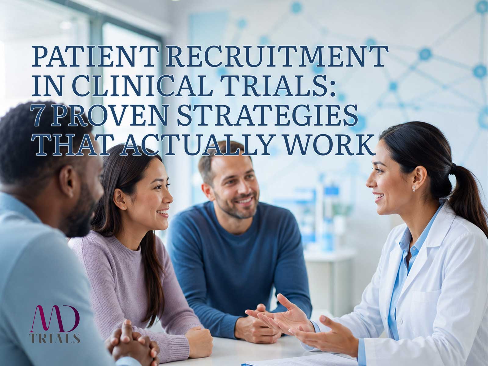 Diverse group of clinical trial participants meeting with a research coordinator