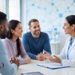 Diverse group of clinical trial participants meeting with a research coordinator