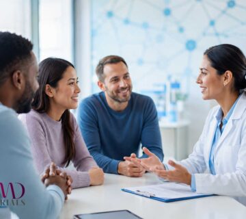 Diverse group of clinical trial participants meeting with a research coordinator