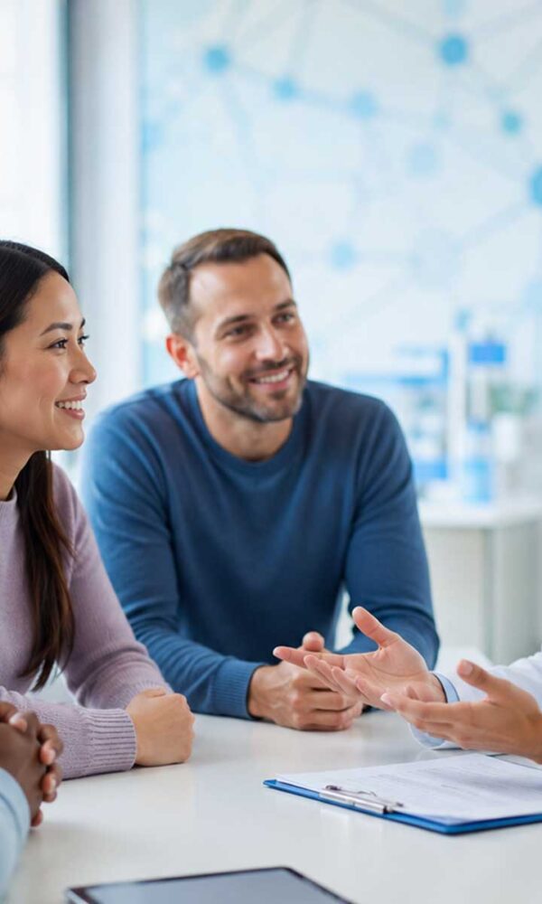 Diverse group of clinical trial participants meeting with a research coordinator