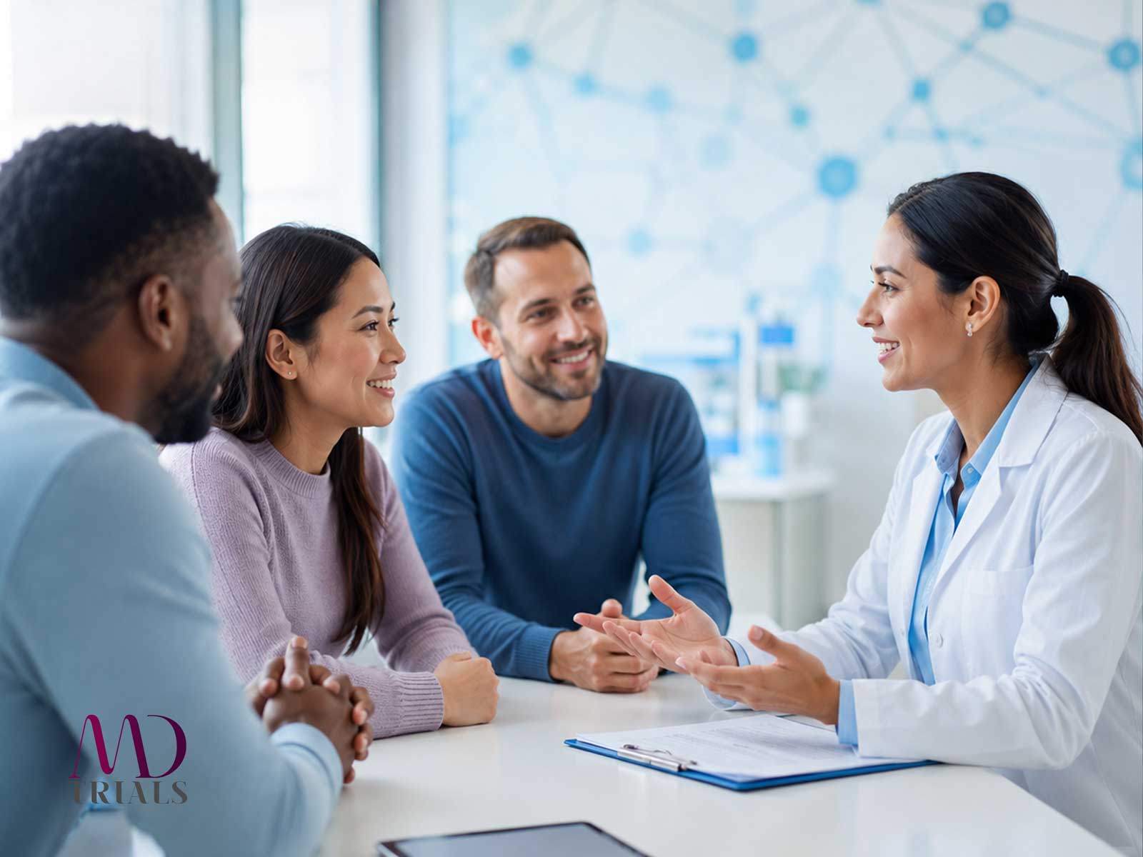 Diverse group of clinical trial participants meeting with a research coordinator